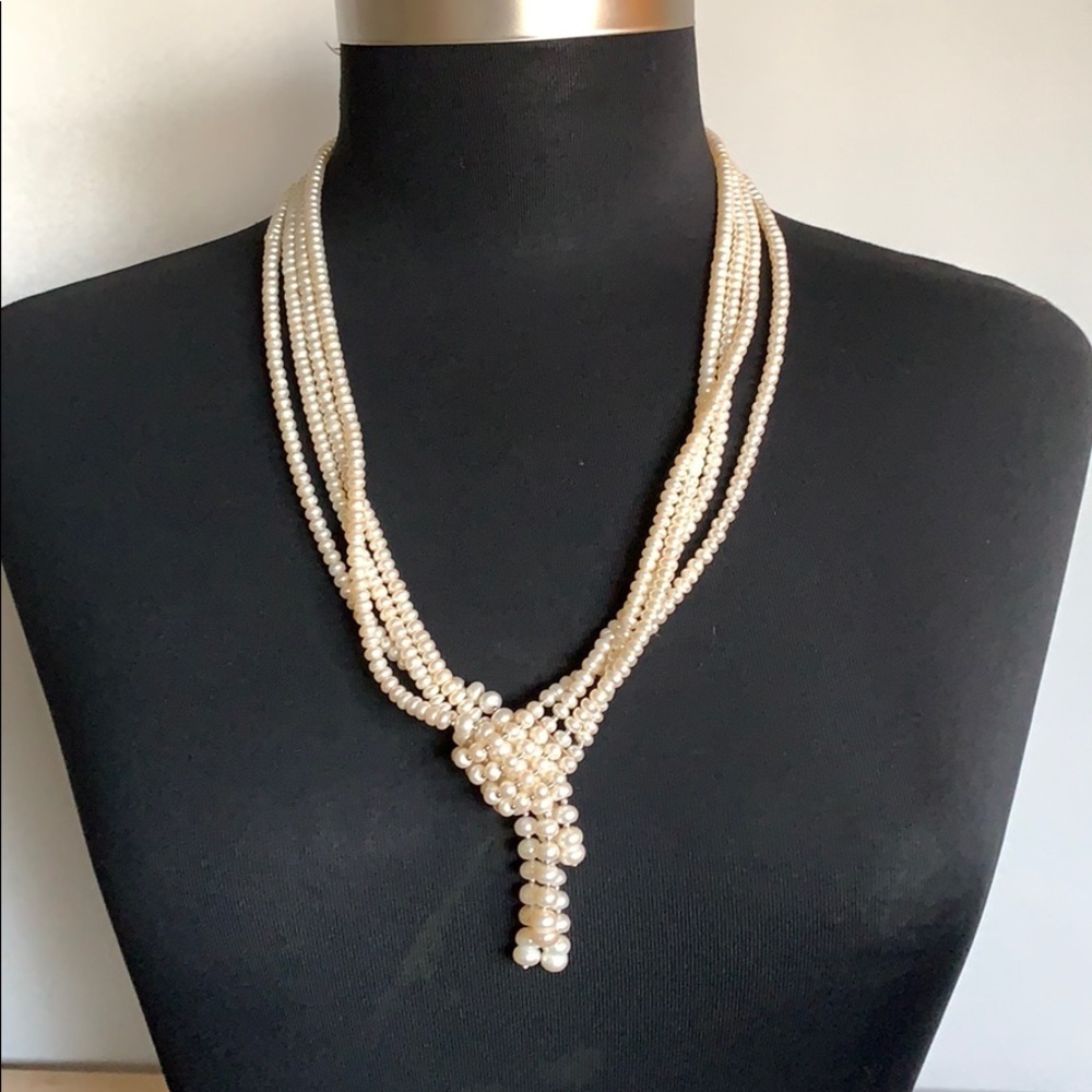 Pearl Simulated White Beaded 4 Strands Knotted Costume Jewelry 24” Necklace